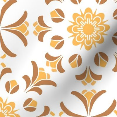 Folk Art Floral Kaleidoscope in Orange and Brown on White