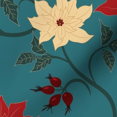 Large Christmas Poinsettias and Rose Hip Flourishes with Whaling Waters Teal Blue Background