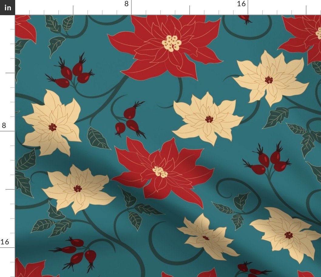 Large Christmas Poinsettias and Rose Hip Flourishes with Whaling Waters Teal Blue Background