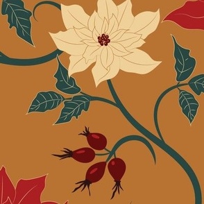 Large Christmas Poinsettias and Rose Hip Flourishes with Copper Yellow Background