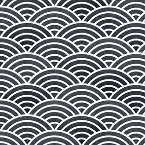 Japanese Rainbow Arches- Petal Solids Coordinate Graphite- Linen Texture- Rainbows- Scalopped Arches- Sea Waves- Gray- Grey- Black and White- Small Scale- Wallpaper- Halloween