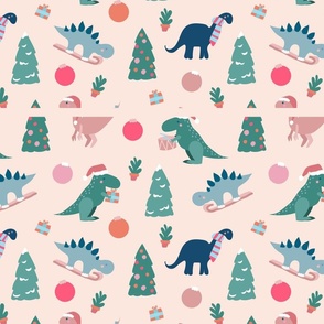 Medium cute christmas dinosaurs trex velociraptor diplodocus stegosaurus with trees baubles gifts pastel