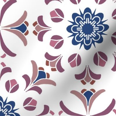 Folk Art Floral Kaleidoscope in Plum Purples and Dark Blue on White