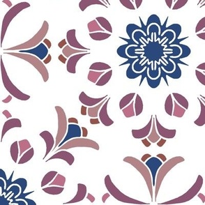 Folk Art Floral Kaleidoscope in Plum Purples and Dark Blue on White