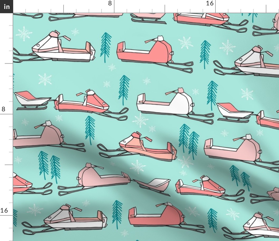 LARGE snowmobiles fabric // vintage snowmobile illustration, winter outdoors snow fabric by andrea lauren - pastel