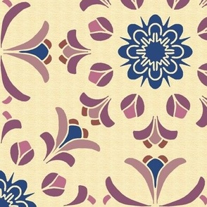 Folk Art Floral Kaleidoscope in Plum Purples and Dark Blue on Yellow