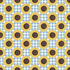 Sunflowers on Blue & White Farmhouse Gingham - Small Scale