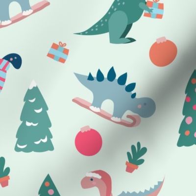 Medium cute christmas dinosaurs trex velociraptor diplodocus stegosaurus with trees baubles gifts pastel on mint