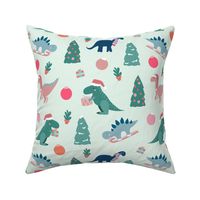 Medium cute christmas dinosaurs trex velociraptor diplodocus stegosaurus with trees baubles gifts pastel on mint