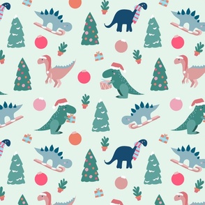 Medium cute christmas dinosaurs trex velociraptor diplodocus stegosaurus with trees baubles gifts pastel on mint