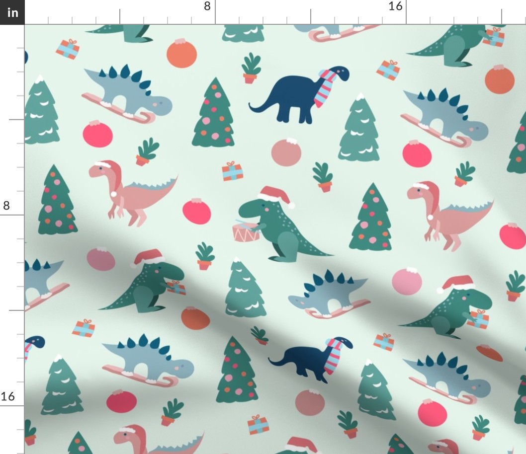 Medium cute christmas dinosaurs trex velociraptor diplodocus stegosaurus with trees baubles gifts pastel on mint