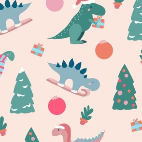 Jumbo XL cute christmas dinosaurs trex diplodocus velociraptor stegosaurus with trees baubles gifts pastel