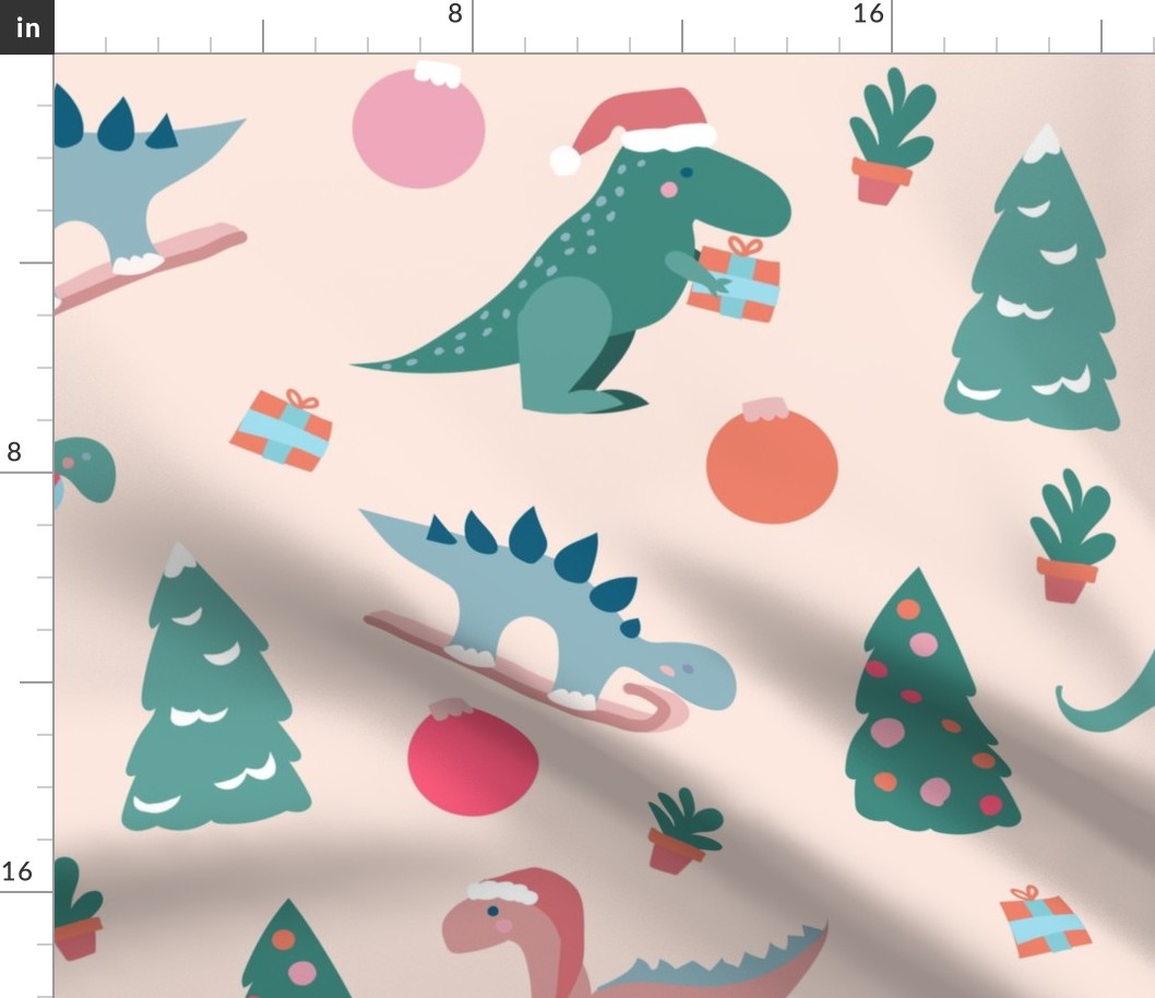 Jumbo XL cute christmas dinosaurs trex diplodocus velociraptor stegosaurus with trees baubles gifts pastel