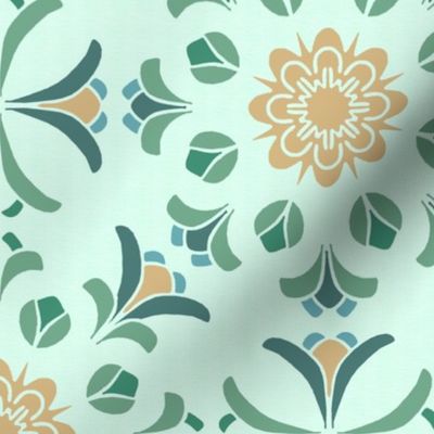 Folk Art Floral Kaleidoscope in Beige and Greens on Mint Green