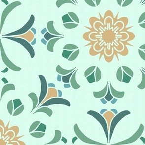 Folk Art Floral Kaleidoscope in Beige and Greens on Mint Green