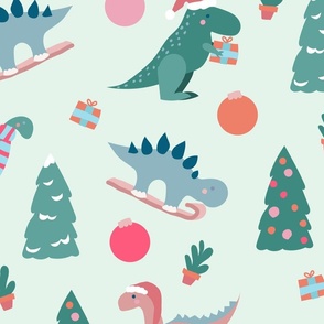 Jumbo XL cute christmas dinosaurs trex diplodocus velociraptor stegosaurus with trees baubles gifts pastel on mint