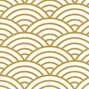 Japanese Rainbow Arches- Seigaiha- Petal Solids Coordinate Mustard on White- Large- Linen Texture- Gold Rainbows- Scalopped Arches- Golden Sea Waves- Medium
