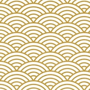 Japanese Rainbow Arches- Seigaiha- Petal Solids Coordinate Mustard on White- Large- Linen Texture- Gold Rainbows- Scalopped Arches- Golden Sea Waves- Small