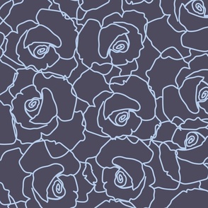 587 - Jumbo scale hand-drawn rose outline in deep denim blue and baby-blue all-over floral, non directional, monochromatic minimalist in modernist style - for adult apparel, lounge-wear, sexy lingerie, sophisticated dresses and skirts as well as sweet flo