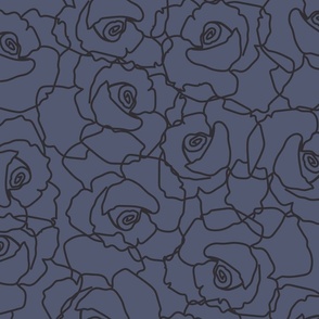 587 - Jumbo scale hand-drawn rose outline in steel blue and charcoal all-over floral, non directional, monochromatic minimalist in modernist style - for adult apparel, lounge-wear, sexy lingerie, elegant dresses and skirts as well as sweet floral wallpape