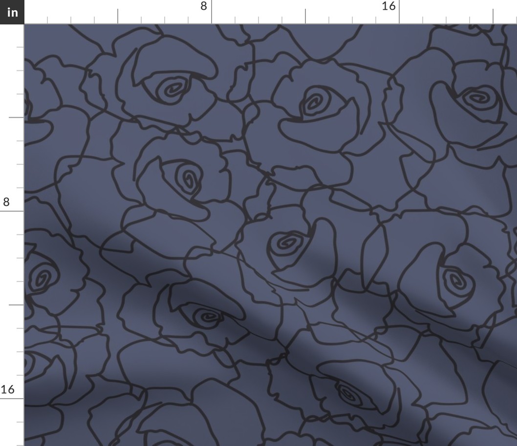 587 - Jumbo scale hand-drawn rose outline in steel blue and charcoal all-over floral, non directional, monochromatic minimalist in modernist style - for adult apparel, lounge-wear, sexy lingerie, elegant dresses and skirts as well as sweet floral wallpape