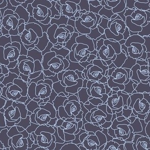 587 - Medium scale hand-drawn rose outline in deep denim blue and baby-blue all-over floral, non directional, monochromatic minimalist in modernist style - for adult apparel, lounge-wear, sexy lingerie, sophisticated dresses and skirts as well as sweet fl