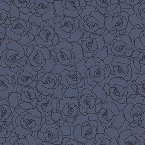 587 - Medium scale hand-drawn rose outline in steel blue and charcoal all-over floral, non directional, monochromatic minimalist in modernist style - for adult apparel, lounge-wear, sexy lingerie, elegant dresses and skirts as well as sweet floral wallpap