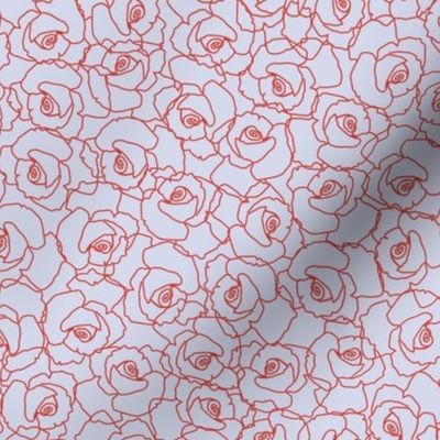 587 - $ Medium scale hand-drawn rose outline in zesty orange and pale blue-grey all-over floral, non directional, monochromatic minimalist in modernist style - for adult apparel, lounge-wear, sexy lingerie, feminine dresses and skirts as well as sweet flo