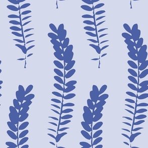 588 - Jumbo scale clean and simple fern in loose botanical illustration style, repeating pattern in monochromatic blue-grey and very-peri blue colours, non-directional for large scale home decor items such as botanical-wallpaper, nature-inspired duvet cov