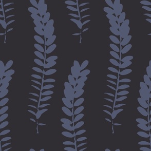588 - Jumbo scale clean and simple fern in loose botanical illustration style, repeating pattern in monochromatic deepest charcoal and navy-blue colours, non-directional for large scale home decor items such as botanical-wallpaper, nature-inspired duvet c