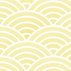 Japanese Rainbow Arches- Seigaiha- Petal Solids Coordinate Buttercup- Linen Texture- Rainbows-  Arches- Pastel Yellow Scalloped Waves- Large