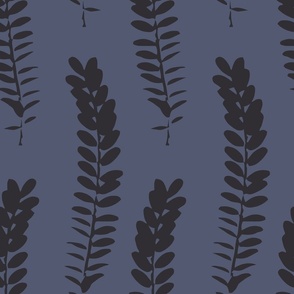 588 - Jumbo scale clean and simple fern in loose botanical illustration style, repeating pattern in monochromatic purple-blue and charcoal-grey colours, non-directional for large scale home decor items such as botanical-wallpaper, nature-inspired duvet co