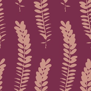 588 - Jumbo scale clean and simple fern in loose botanical illustration style, repeating pattern in monochromatic mauve/maroon and dusty blush colours, non-directional for large scale home decor items such as botanical-wallpaper, nature-inspired duvet cov