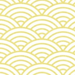 Japanese Rainbow Arches- Seigaiha- Petal Solids Coordinate Buttercup on White- Large- Linen Texture- Rainbows- Pastel Yellow Scalloped Waves- Medium
