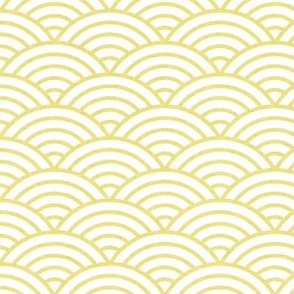 Japanese Rainbow Arches- Seigaiha- Petal Solids Coordinate Buttercup on White- Large- Linen Texture- Rainbows- Pastel Yellow Scalloped Waves- Small