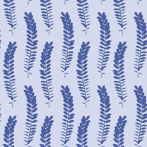 588 - Small scale clean and simple fern in loose botanical illustration style, repeating pattern in monochromatic blue-grey and cobalt/very-peri colours, non-directional for large scale home decor items such as botanical-wallpaper, nature-inspired duvet c