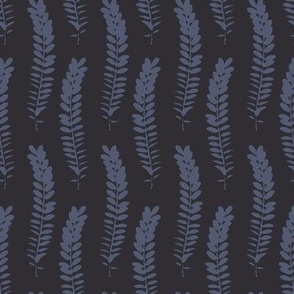 588 - Small scale clean and simple fern in loose botanical illustration style, repeating pattern in monochromatic charcoal and purple-blue colours, non-directional for large scale home decor items such as botanical-wallpaper, nature-inspired duvet covers,
