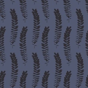 588 - Small scale clean and simple fern in loose botanical illustration style, repeating pattern in monochromatic purple-blue and charcoal colours, non-directional for large scale home decor items such as botanical-wallpaper, nature-inspired duvet covers,