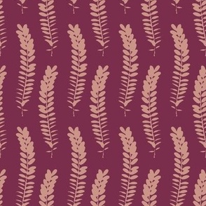 588 - Small scale clean and simple fern in loose botanical illustration style, repeating pattern in monochromatic deep marron and dirty apricot colours, non-directional for large scale home decor items such as botanical-wallpaper, nature-inspired duvet co