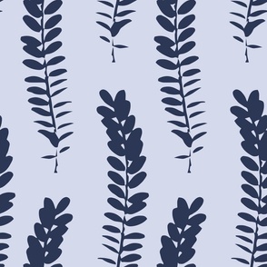 588 - Jumbo scale clean and simple fern in loose botanical illustration style, repeating pattern in monochromatic grey and navy blue colours, non-directional for large scale home decor items such as botanical-wallpaper, nature-inspired duvet covers, elega