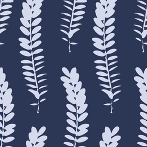 588 - Jumbo scale clean and simple fern in loose botanical illustration style, repeating pattern in monochromatic navy-blue and grey colours, non-directional for large scale home decor items such as botanical-wallpaper, nature-inspired duvet covers, elega
