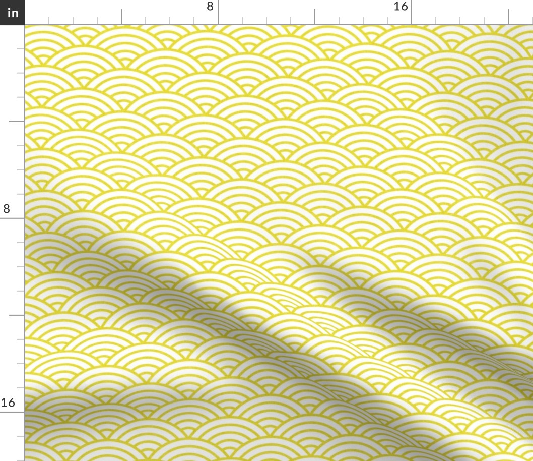 Japanese Rainbow Arches- Seigaiha- Petal Solids Coordinate Lemon Lime on White- Large- Linen Texture- Rainbows- Pastel Yellow Scalloped Waves- Small