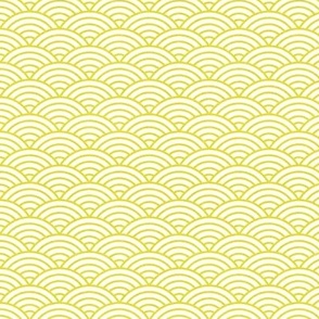 Japanese Rainbow Arches- Seigaiha- Petal Solids Coordinate Lemon Lime on White- Large- Linen Texture- Rainbows- Pastel Yellow Scalloped Waves- Mini