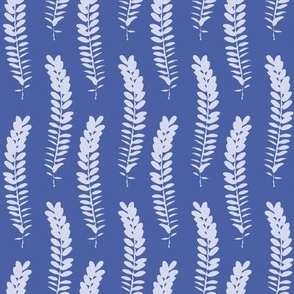 588 - Small scale clean and simple fern in loose botanical illustration style, repeating pattern in monochromatic colours of very-peri and grey, non-directional for large scale home decor items such as botanical-wallpaper, nature-inspired duvet covers, el