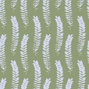 588 - Small scale clean and simple fern in loose botanical illustration style, repeating pattern in monochromatic colors of olive green and grey, non-directional for large scale home decor items such as botanical-wallpaper, nature-inspired duvet covers, e