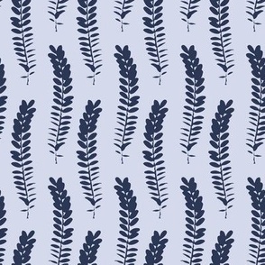 588 - Small scale clean and simple fern in loose botanical illustration style, repeating pattern in monochromatic colours of grey and navy-blue, non-directional for large scale home decor items such as botanical-wallpaper, nature-inspired duvet covers, el