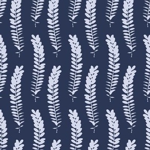 588 - Small scale clean and simple fern in loose botanical illustration style, repeating pattern in monochromatic colours of navy-blue and gray, non-directional for large scale home decor items such as botanical-wallpaper, nature-inspired duvet covers, el