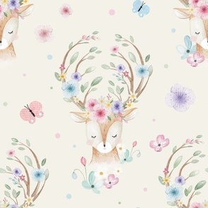 Spring Deer with Pastel Florals and Butterflies