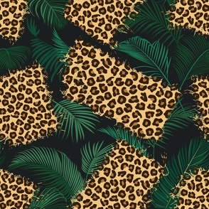 Frayed Leopard Patchwork Animal Pattern with Tropical Palm Leaves