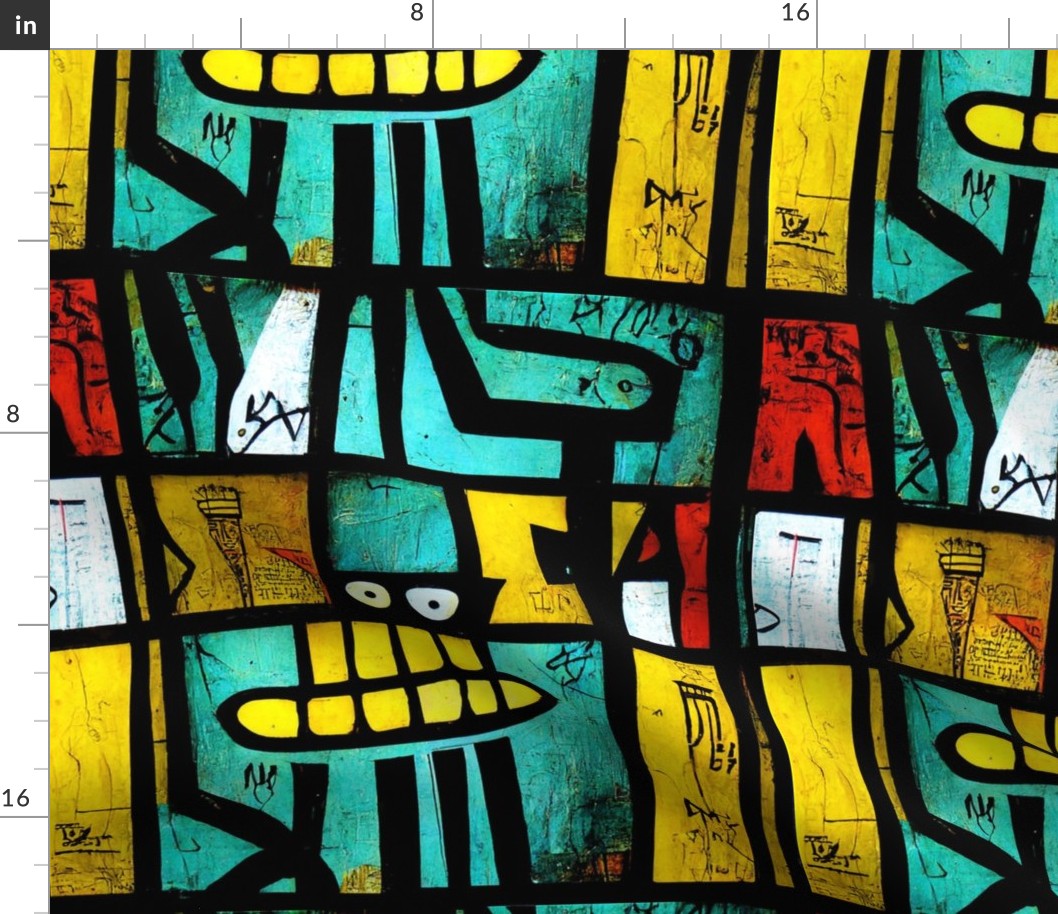 Abstract Artistic Stained Glass Basquiat Style - Yellow, Red, Teal, Light Blue, Aqua Green, For Boys Girls Kids Rooms, Bedding, Wallpaper,  